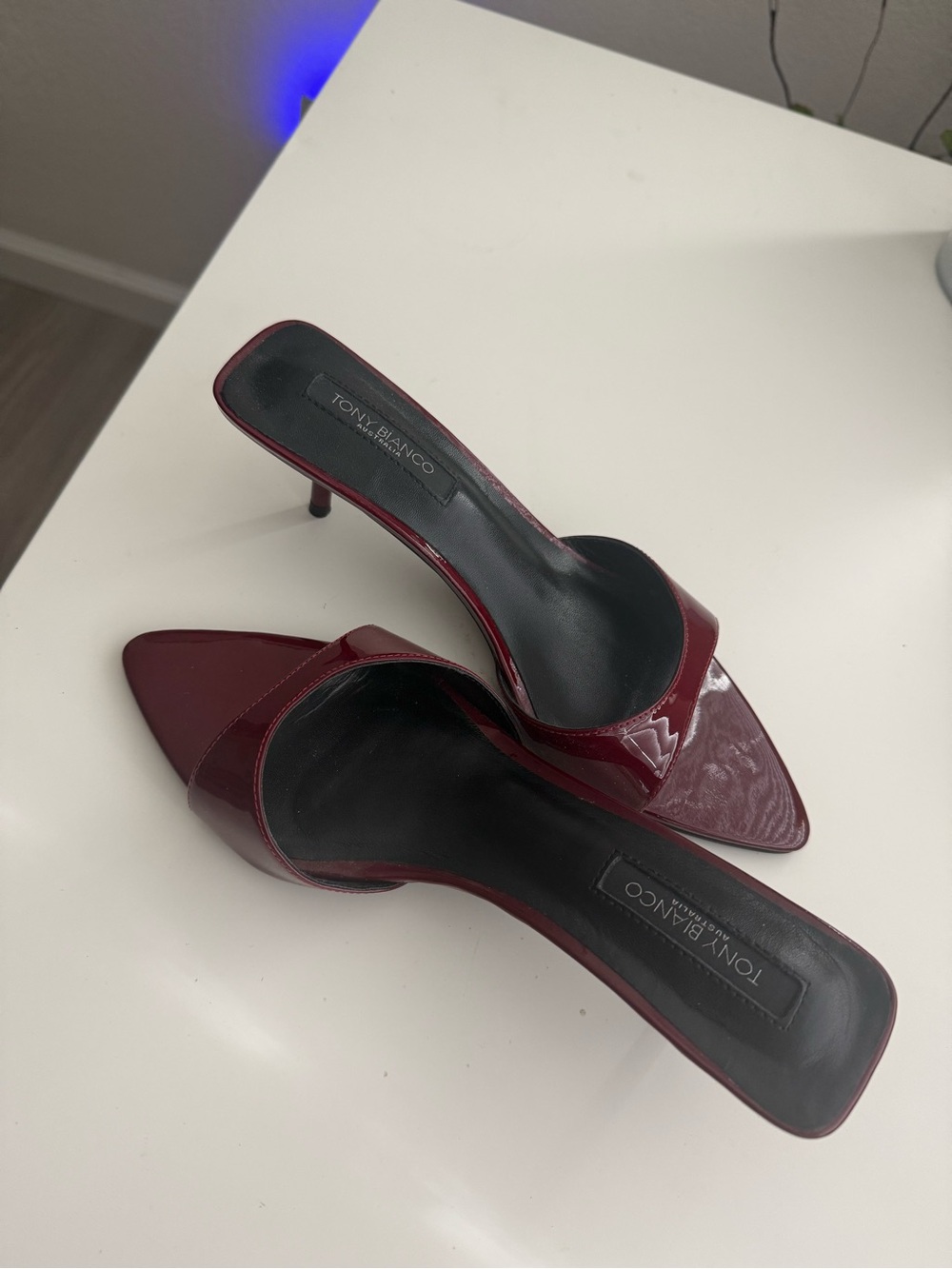 Tony Bianco Burgundy Patent Pointed-Toe Mule Heels